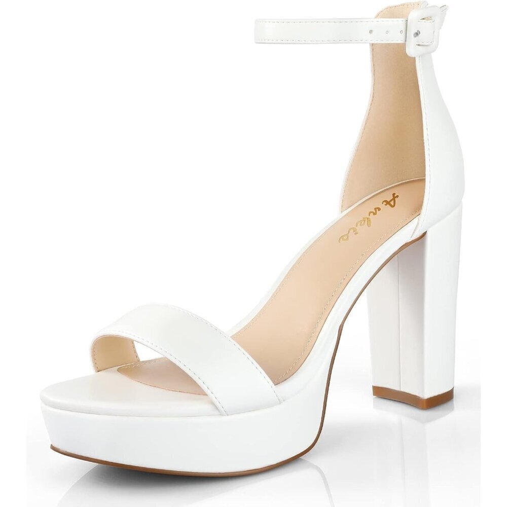 Women's White Ankis Chunky Block Open Toe Comfortable Strappy Heeled Sandals